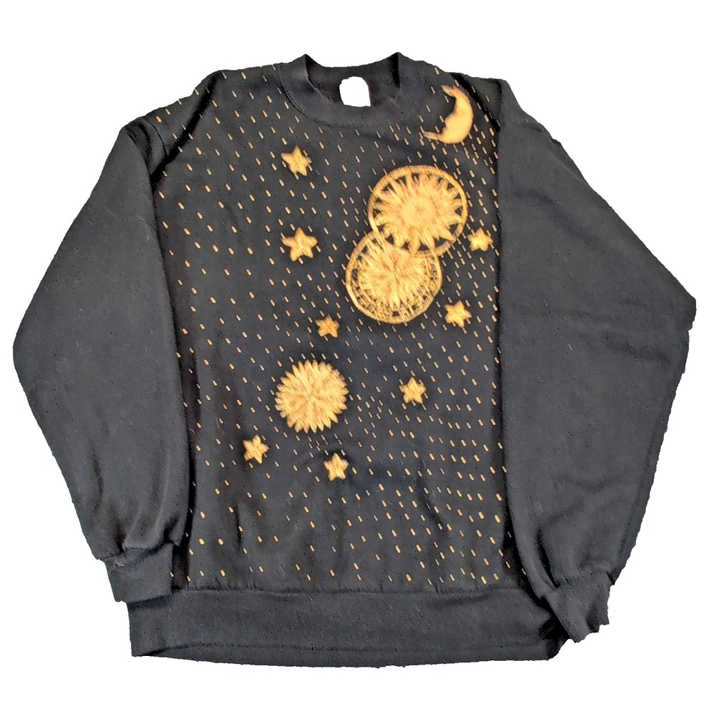 Vintage Jerzees Crewneck Sweatshirt XL Black Celestial Sun Moon Stars Graphic